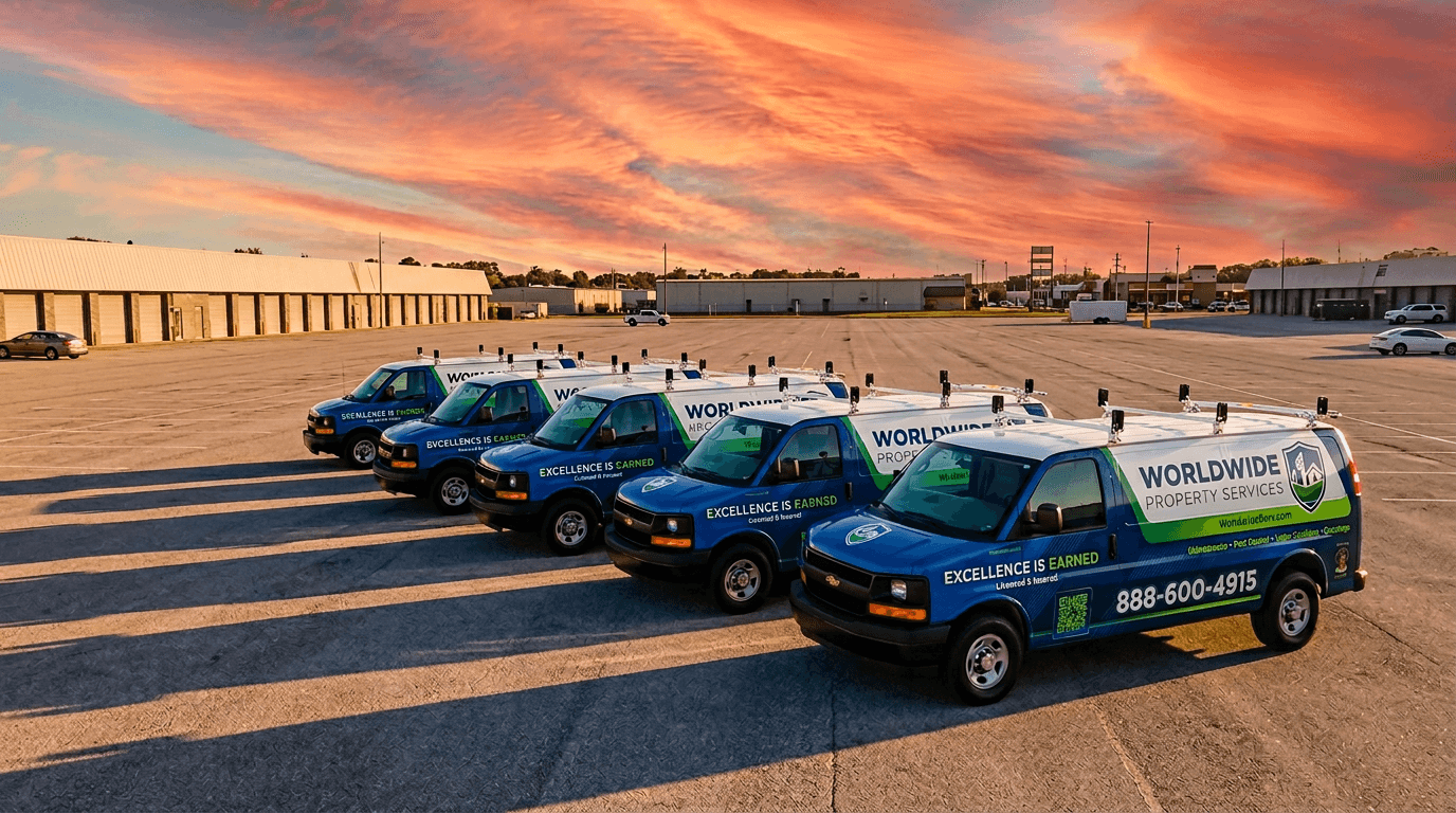 Worldwide Property Services fleet vehicles at sunrise