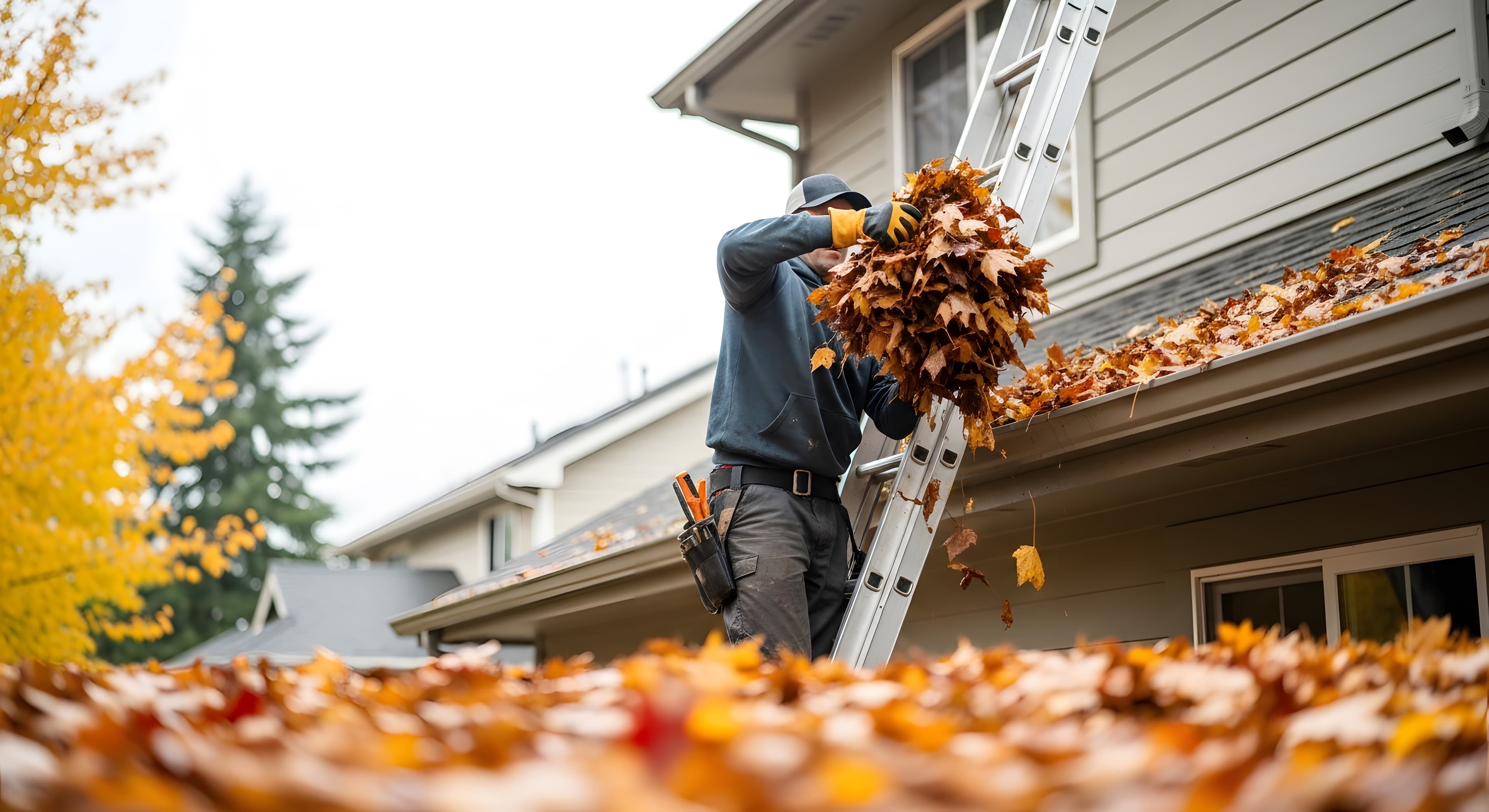 Worldwide technician clearing gutters on a Miami-Dade home