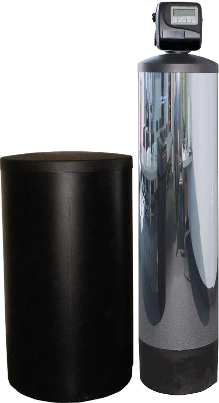 Excalibur Chlor-A-Soft softener tank with its control head beside a black brine tank