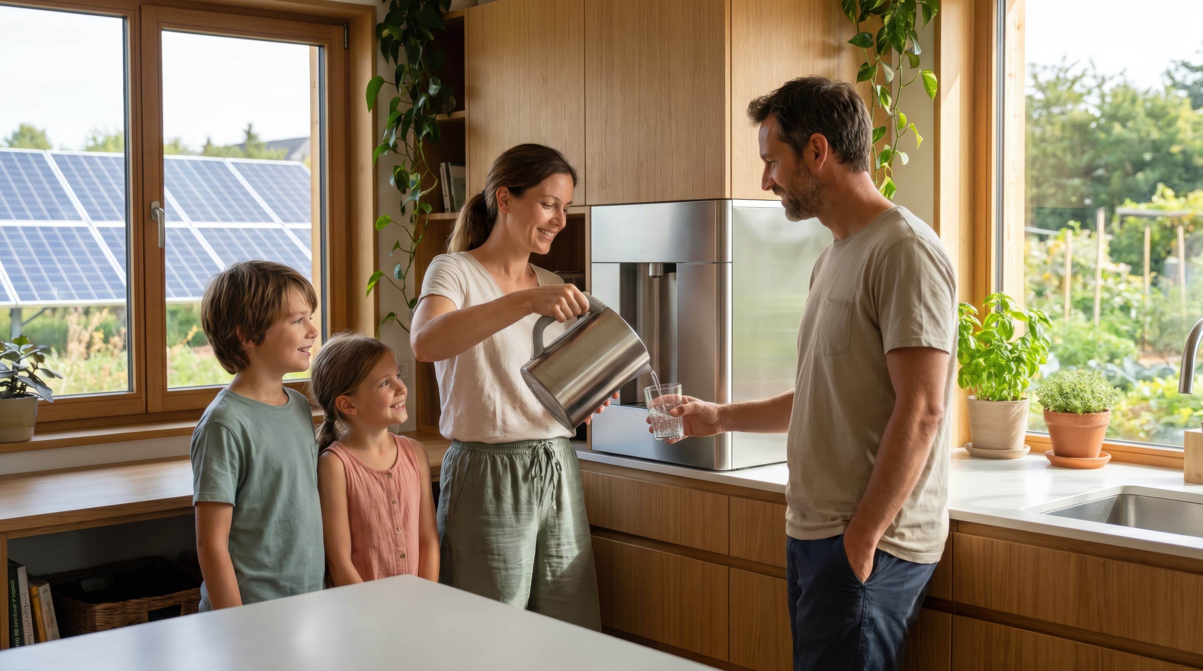 Family in a bright kitchen pouring clean water