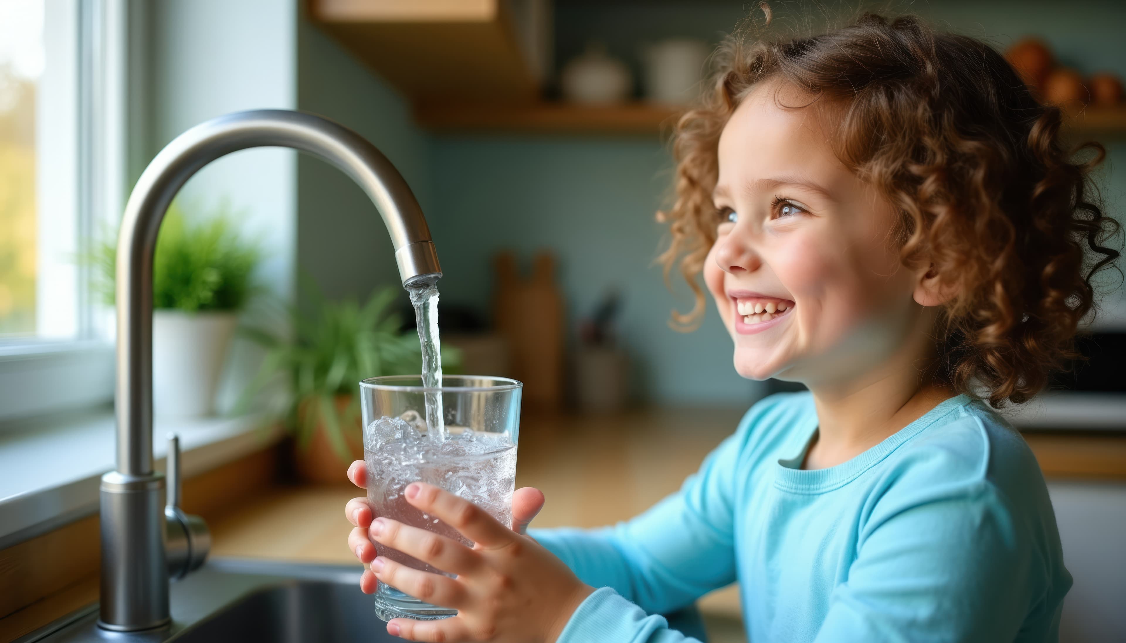 Child filling a glass with filtered water from the kitchen faucet
