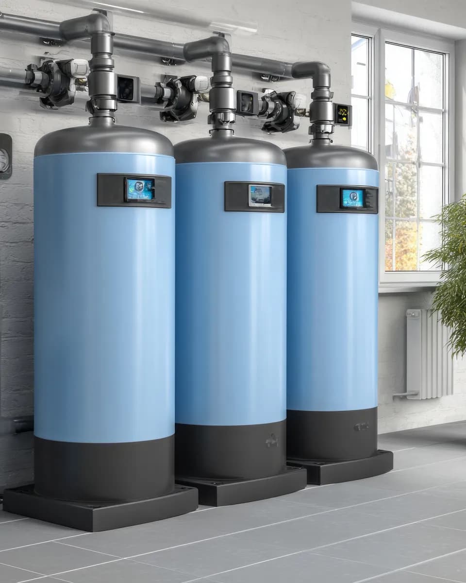 Tres tanques de tratamiento de agua conectados en un cuarto de servicio