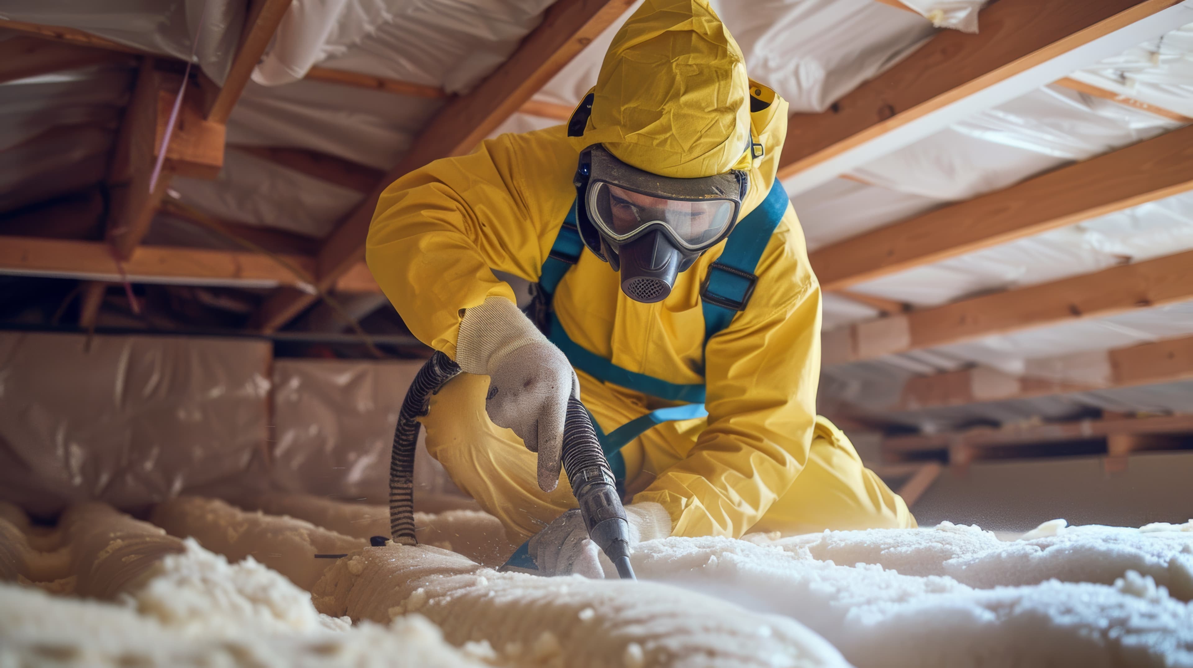 Technician in protective gear cleaning attic insulation after wildlife intrusion